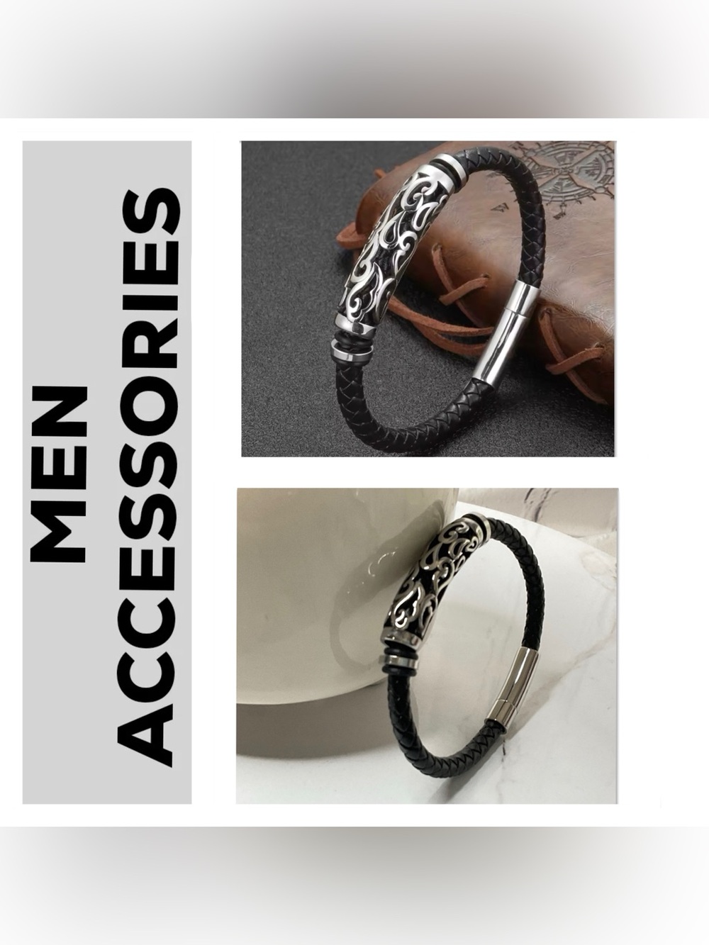 🌟🌟 Stainless Steel Black Leather Bracelet